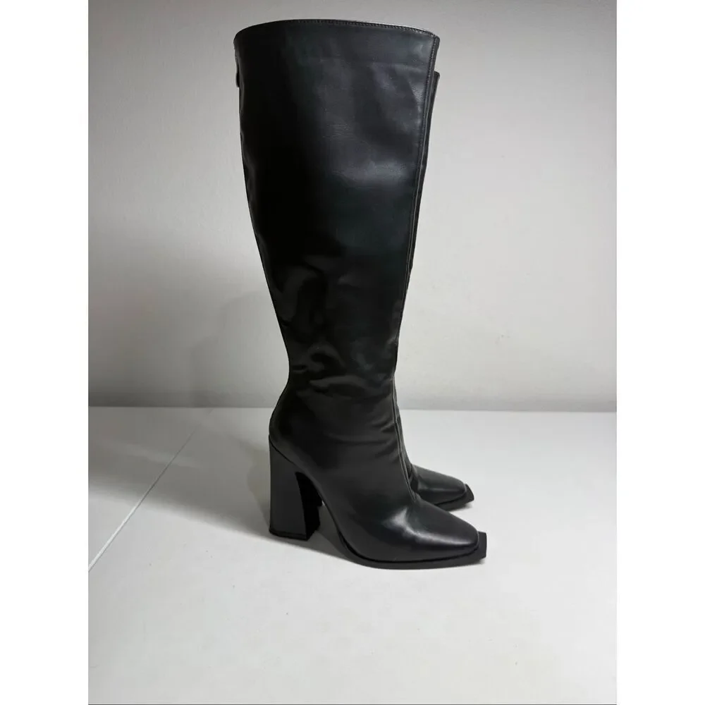 Black Faux Leather Knee High Boots Square Toe Block Heel Back Zip Sz 4
